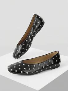 Mnmlis Women's Fashion Square Toe Rivet Decorative Flat Sole Shoes Daily Commute Party Comfortable And Versatile - Black 1 - View 8