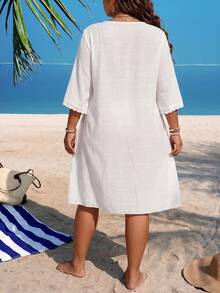 Swim Lushoire Plus Size Crochet Patchwork Deep V-Neck Loose Beach Cover Up Dress, White - White - View 2