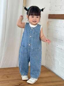 SHEIN 女婴深蓝色牛仔无袖白色条纹连体锥形裤 - 淺色水洗藍 - 查看 6