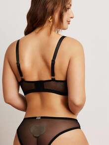 Elorette 2pcs Plus Size Women Contrast Color Embroidered Sexy Lingerie Set - Black - View 6