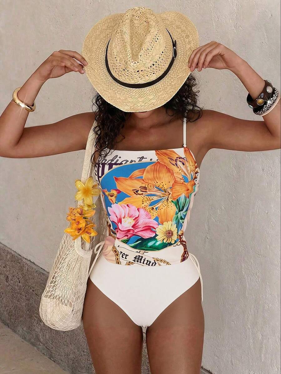 Bellisia Bộ bikini 2 mảnh bán chạy nhất năm 2026 dành cho nữ, áo tắm tankini hai dây hở lưng gợi cảm, trang phục dự tiệc bãi biển/hè, phong cách cổ điển lãng mạn thanh lịch, cạp chun nâng ngực che khuyết điểm, họa tiết hoa ly mơ, phong cách bohemian, câu lạc bộ bãi biển, du lịch nghỉ dưỡng, tắm nắng trên bãi biển, bộ 2 mảnh in hoa, đồ bơi một mảnh cho nữ. - Màu be - Xem 1