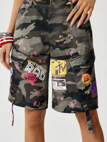 MTV | SHEIN 女士迷彩印花工装口袋七分牛仔裤 - 綠色 - 查看 6