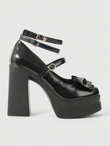 ROMWE Kawaii Giày cao gót đế xuồng kín mũi màu tối bóng bẩy gợi cảm dành cho nữ, phong cách Gothic Punk, có dây buộc, nơ và khóa kim loại co giãn ở mắt cá chân, thiết kế kín mũi, thích hợp cho hộp đêm, tiệc tùng, lễ hội. - màu đen - Xem 2