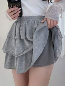 FRIFUL Women's Casual Solid Color Layered Ruffle Hem A-Line Skirt - Grey - View 9
