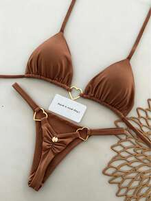 Swim Chiccia New Spring/Summer Heart-Shaped Metal Buckle Halter Bikini Set, Sexy Beach Two Pieces Swimsuit - Coffee Brown - View 1