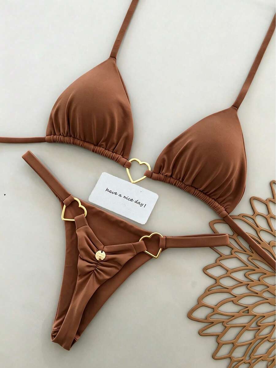 Swim Chiccia New Spring/Summer Heart-Shaped Metal Buckle Halter Bikini Set, Sexy Beach Two Pieces Swimsuit - Coffee Brown - View 1