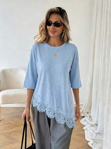SHEIN LUNE Áo thun nữ màu trơn, vạt áo bất đối xứng, phối ren, kiểu dáng thường ngày, đa năng, thích hợp mặc đi nghỉ mát, hè, xuân, nghỉ xuân và nhiều dịp khác, bao gồm váy đi biển, áo sơ mi thường ngày, áo khoác ngoài và áo mùa hè. - Màu xanh nhạt - Xem 5