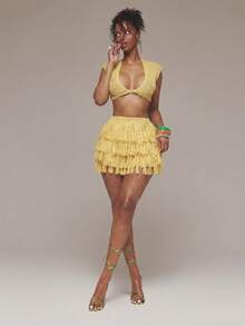 MUSERA Crochet Knit Plunge Front Short Sleeve Crop Top Spring Summer Ibiza Festival Holiday Vacation Cute Sexy Y2k Night Out Club Tropical Seduction - Yellow - View 3