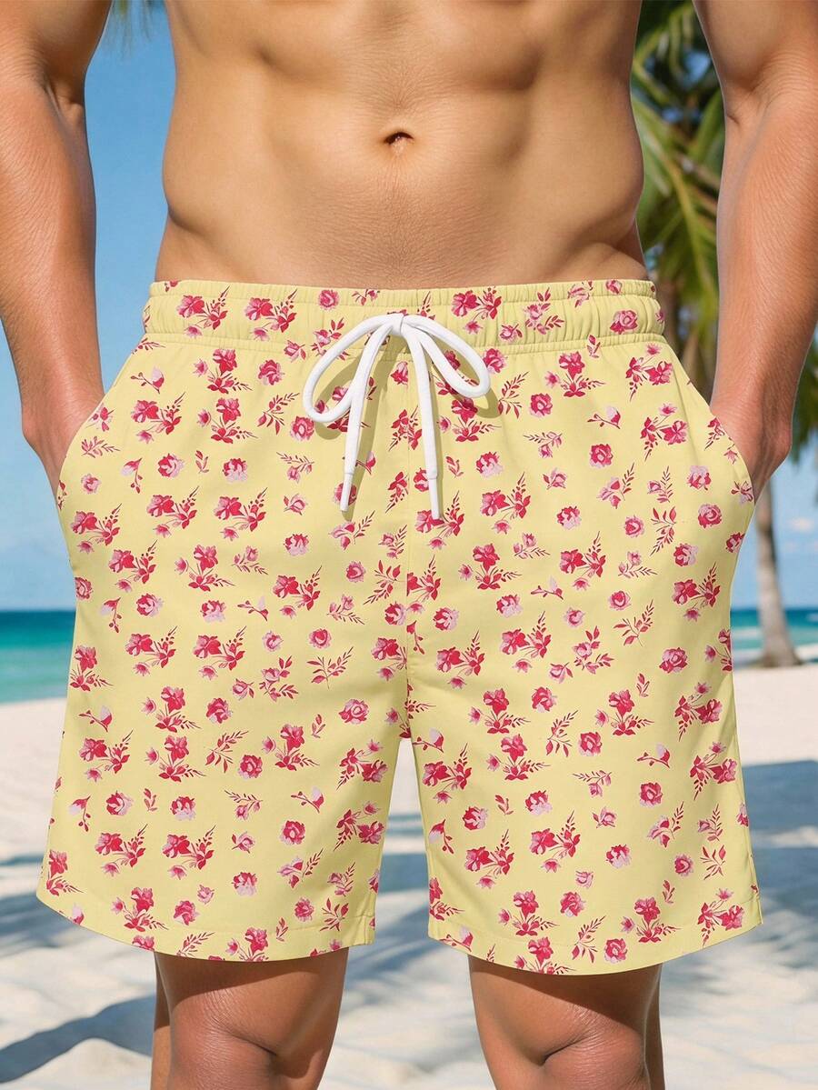 SHEIN (不含嬰幼童) 男士碎花沙灘短褲,適合島嶼度假、情侶約會、夏威夷度假村、假期 - 彩色 - 查看 1