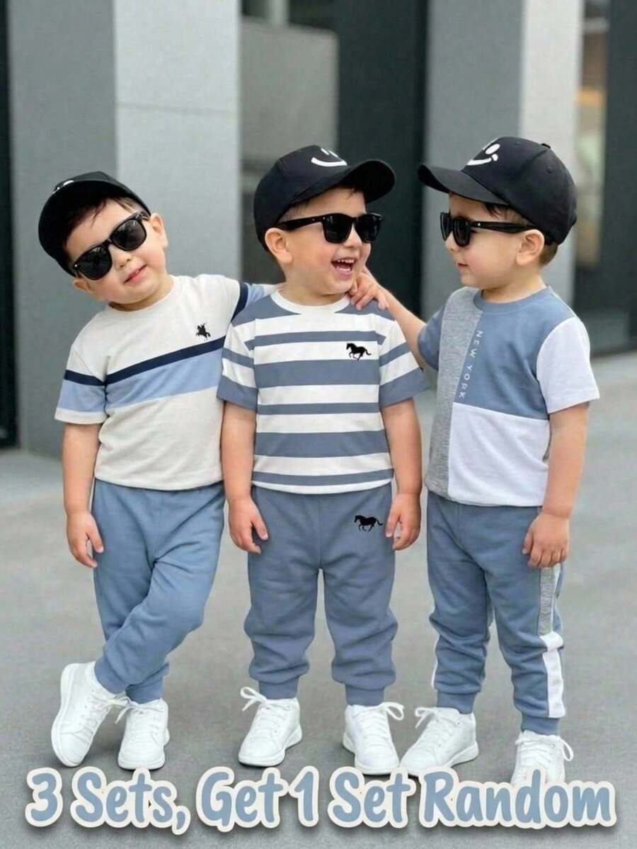 Bubblio Bộ đồ 2 món cho bé trai, gồm áo thun ngắn tay rộng rãi, thoải mái và quần dài, thích hợp cho mùa xuân và mùa hè. - Nhiều màu - Xem 1