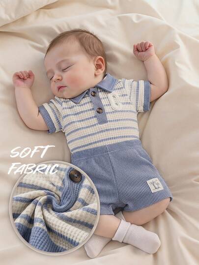 SHEIN Playful Pals Baby Contrast Color Patchwork Polo Collar Short Sleeve Outfit