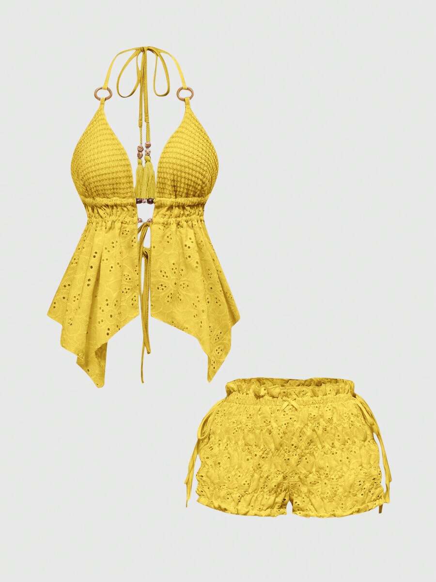 ROMWE Avant Conjunto de 2 piezas de top con tirantes finos y espalda descubierta, y shorts de burbuja de cintura baja, con decoración de cuentas de madera estilo Y2K para mujeres - Amarillo - Ver 1