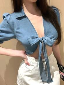DAZY Áo croptop nữ màu xanh dương, kiểu dáng thời trang dự tiệc/lễ hội âm nhạc/kỳ nghỉ biển, thiết kế buộc dây phía trước, chất liệu denim. - Rửa nhẹ - Xem 9