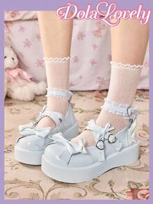 Dola Lovely Sapatos femininos azul-claro com salto plataforma e sola grossa, estilo Mary Jane, Lolita, JK, Gótico e Y2K. - Arco azul - Ver 6