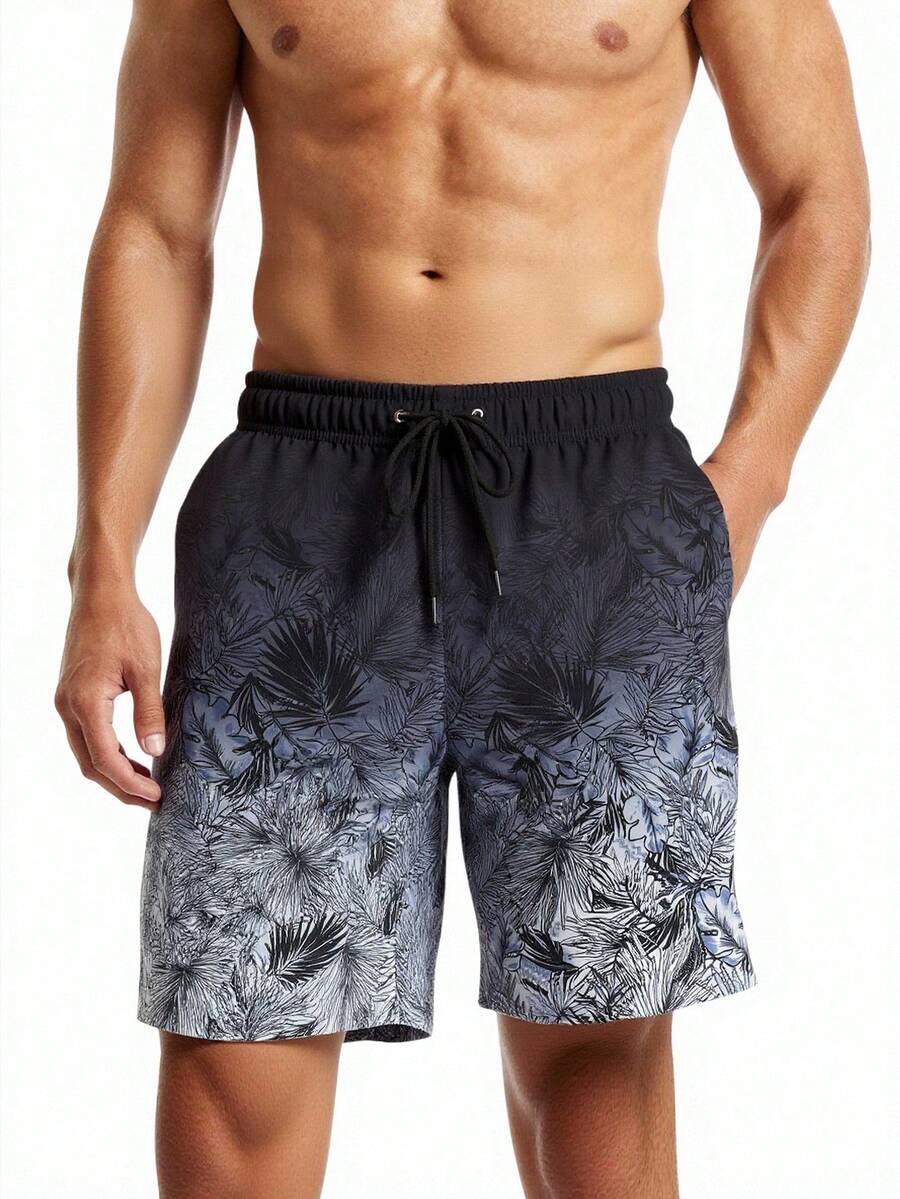Surfspeed Men's Gradient Botanical Print Drawstring Waist Beach Shorts, Summer, Holiday - Black - View 1