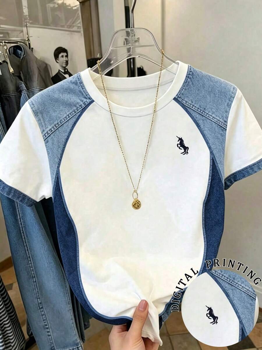 Resyla Kaos Wanita Kasual Motif Patchwork Denim, Leher Bulat, Lengan Pendek, Musim Panas - Putih - View 1