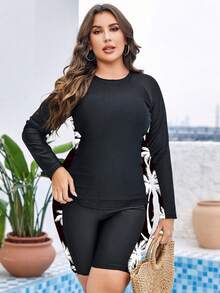 Swim SPRTY Bộ áo chống nắng tay raglan in hình cây cọ nhiệt đới dành cho nữ cỡ lớn, thích hợp cho bãi biển và kỳ nghỉ. - Đen và trắng - Xem 4
