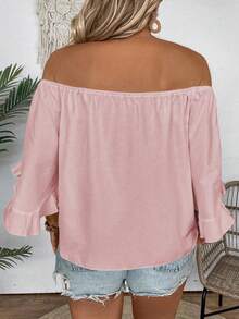 EMERY ROSE Plus Size Casual Solid Color Off-Shoulder Tie-Up Shirt Bussines Vacation Pink Summer - Pink - View 2