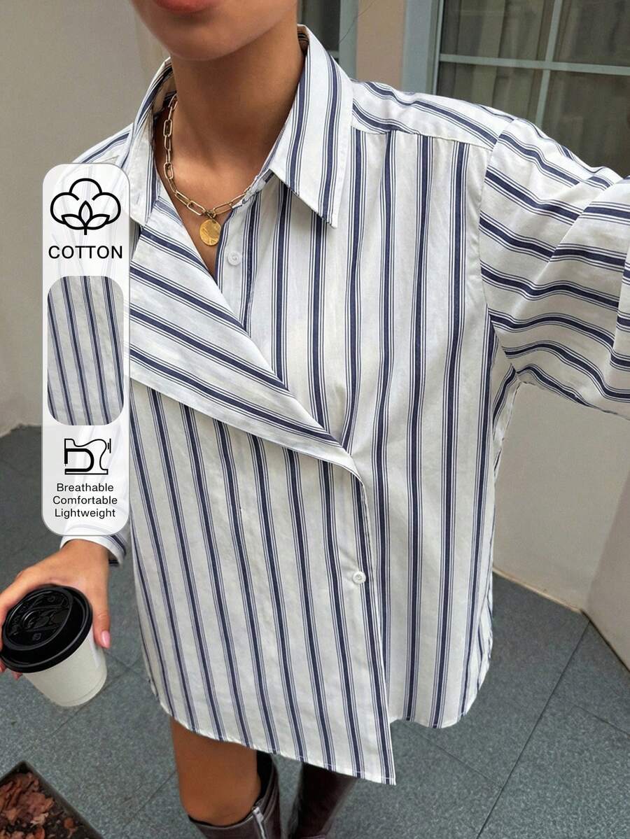 DAZY 女款休閒寬鬆條紋 2 合 1 長袖襯衫 - 藍色 - 查看 1