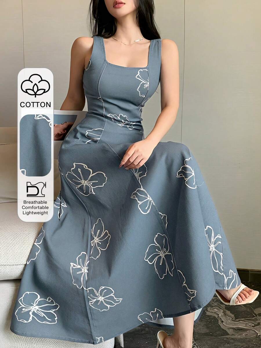 DAZY Vestido de mezclilla con cuello cuadrado sin mangas y estampado floral elegante para mujer, vestidos de verano para mujeres - Azul - Ver 1