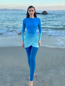 Swim Shayni 女款漸層長袖連身褲與長褲配迷你裙布基尼3件式泳裝套裝，適合夏季度假與海灘 - 藍色 - 查看 1