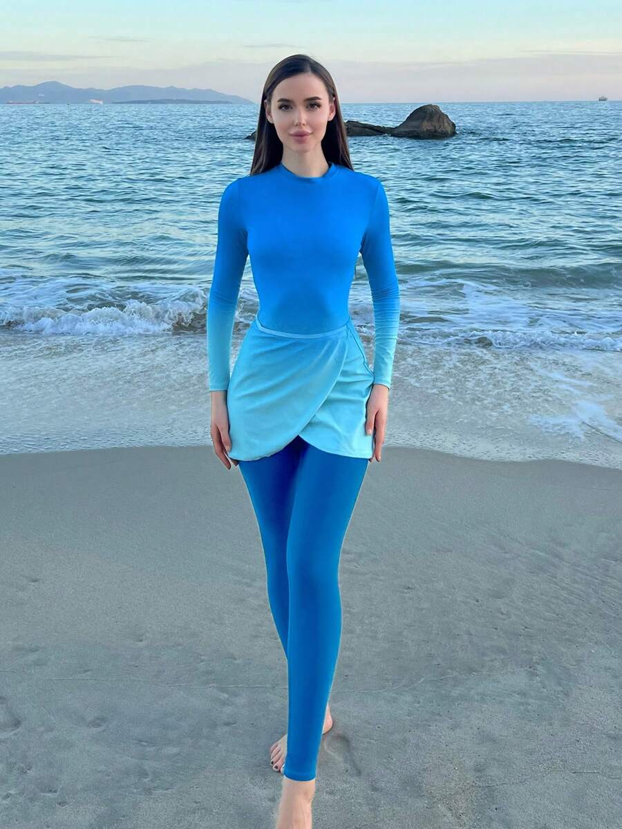 Swim Shayni 女款漸層長袖連身褲與長褲配迷你裙布基尼3件式泳裝套裝,適合夏季度假與海灘 - 藍色 - 查看 1