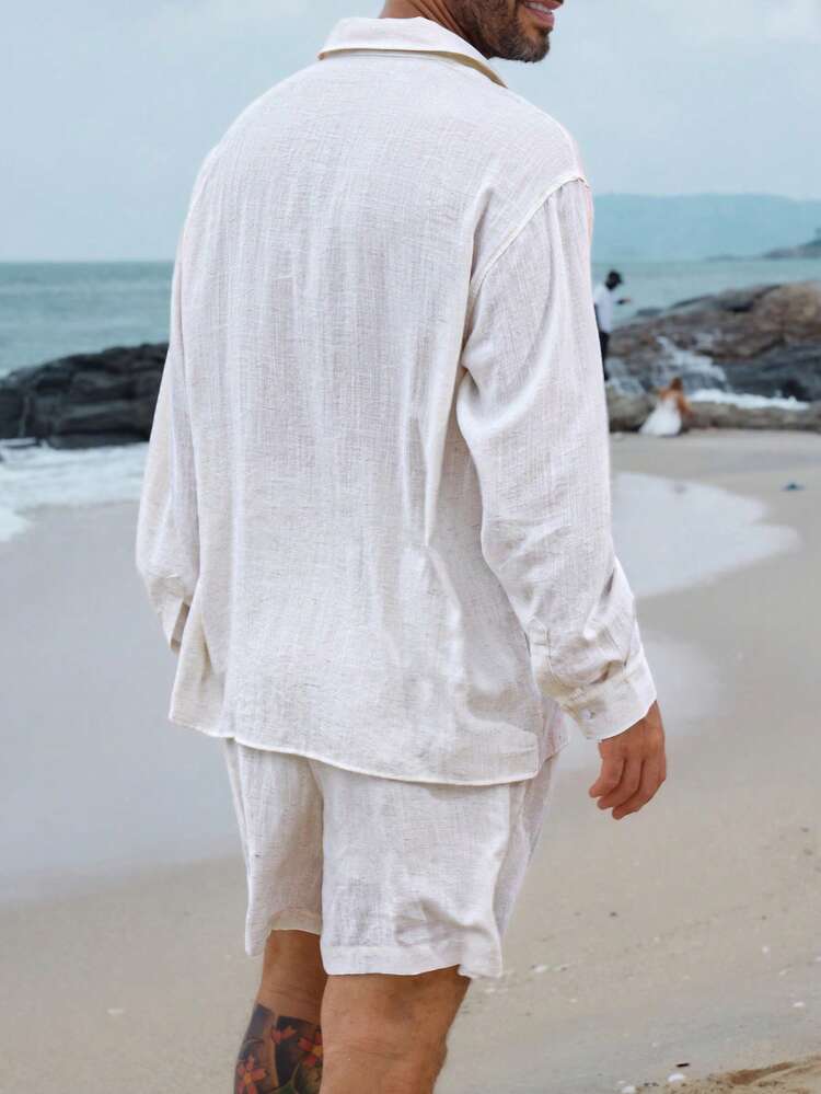 Men's Linen-Feel Long Sleeve Shirt And Shorts Set
