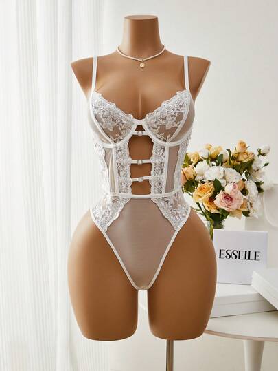 Esselle 1件装女士性感花卉刺绣网纱连体衣