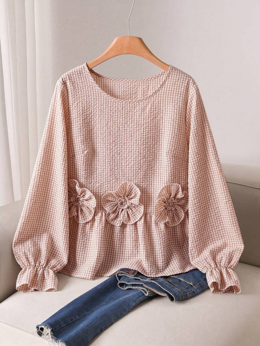 CosyJoli 大码女式休闲碎花长袖衬衫,优雅宽松版型上衣,春秋季服装 - 卡其色 - 查看 1
