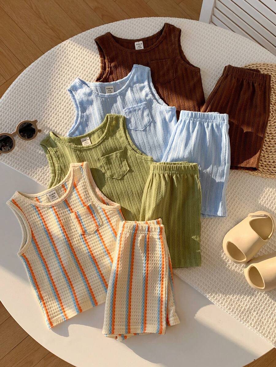 SHEIN Bộ 8 món áo ba lỗ dệt kim kẻ sọc và quần short cạp chun dễ thương mùa hè, quần áo trẻ em unisex. - Nhiều màu - Xem 1