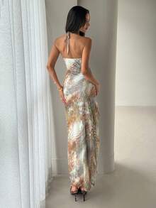 Aloruh Damen Frühlings- & Sommer-Urlaubskleid mit Leoparden Batik-Muster, Mesh-Muster, Neckholder, Spitzen-Patchwork, extra langem Schlitz und Rüschensaum - Verschiedenfarbig - Übersicht 7