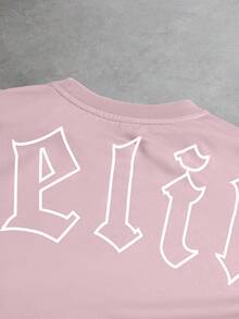 Manfinity Homme 男士休闲字母印花圆领短袖T恤短裤套装，夏季 - 粉色 - 查看 4