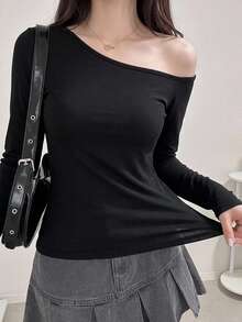 DAZY Solid Asymmetrical Neck Tee Long Sleeve Women Tops - Black - View 8