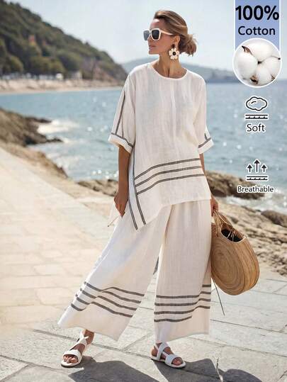 Faunlyn Women's Vacation Casual Contrast Stripe Side Slit Top And Pants 2 Pieces Set