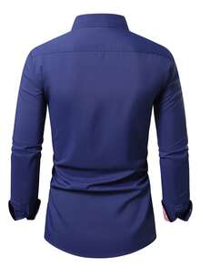 Manfinity Mode Men's Color Block Single-Breasted Casual Versatile Daily Wear Formal Shirt, Ceremony - Navy Blue - View 2