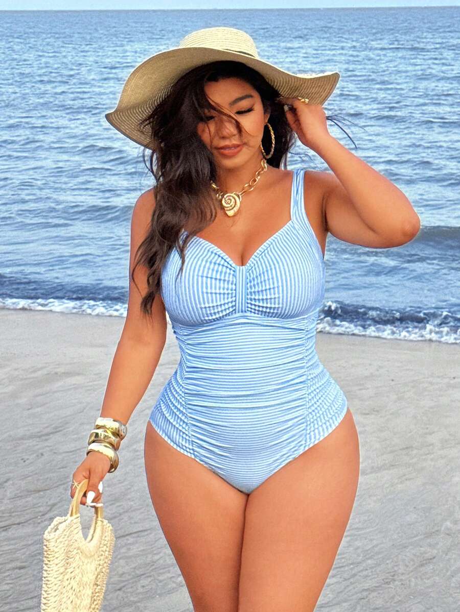 Swim Vcay Plus Size Women Striped Ruched Sexy One-Piece Swimsuit - Blue - View 1