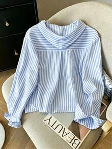 Resyla New Women Casual Loose Striped Hooded Long Sleeve Shirt - Blue - View 2