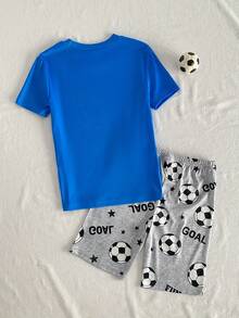 Boys' Snug Fit Round Neck Short Sleeve Shorts Set, Neon Blue Football Letter Print, Breathable Summer Outfit, Comfortable Fit - Blue - View 2