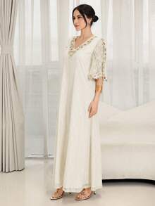 Yasmyna Women's Elegant Arabic Traditional Long Robe With Lace Applique Decoration - Yellow - View 5