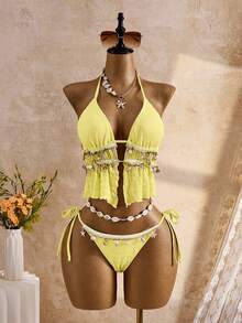 Bellisia Bộ áo croptop và tankini họa tiết jacquard họa tiết vỏ sò, thích hợp cho kỳ nghỉ hè/xuân, 26SS. - Màu vàng - Xem 4