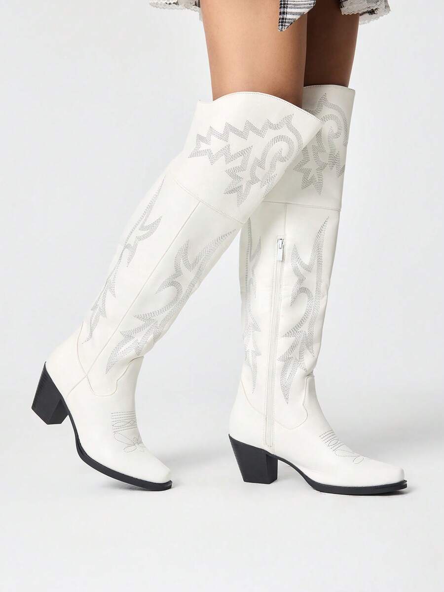 ROMWE Fairycore 2026 New Women's Plus Size Party Holiday Vacation Western Boots Knight Boots Over Knee Boots Side Zipper Boots - White - View 1