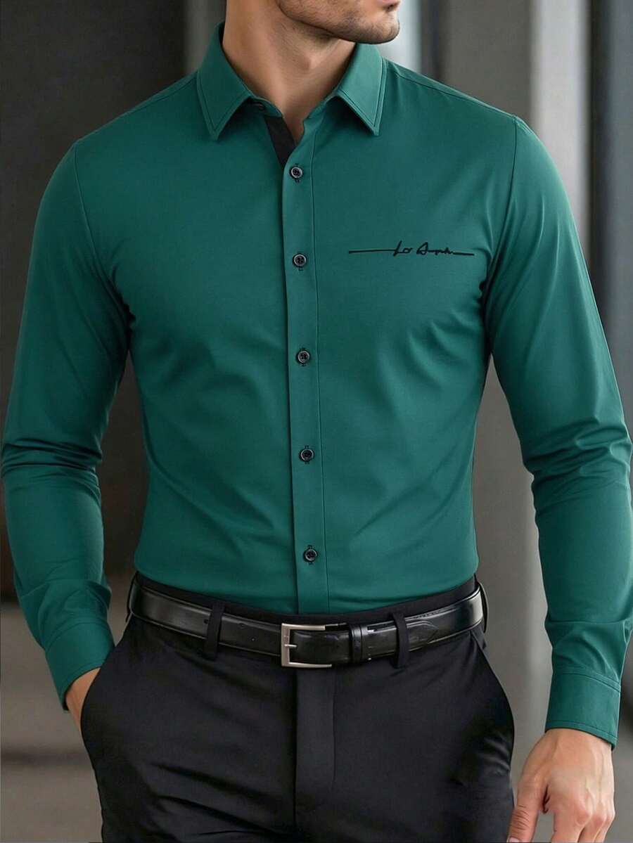 Manfinity Mode Kemeja Lengan Panjang Kasual Pria, Formal - Dark Green - View 1