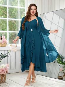 Reflora Gaun Pesta Elegan Wanita Ukuran Besar dengan Hiasan Berlian Imitasi, Atasan Camisole dan Jaket Luar Ringan Transparan, Set 2 Potong - Teal Blue - View 8