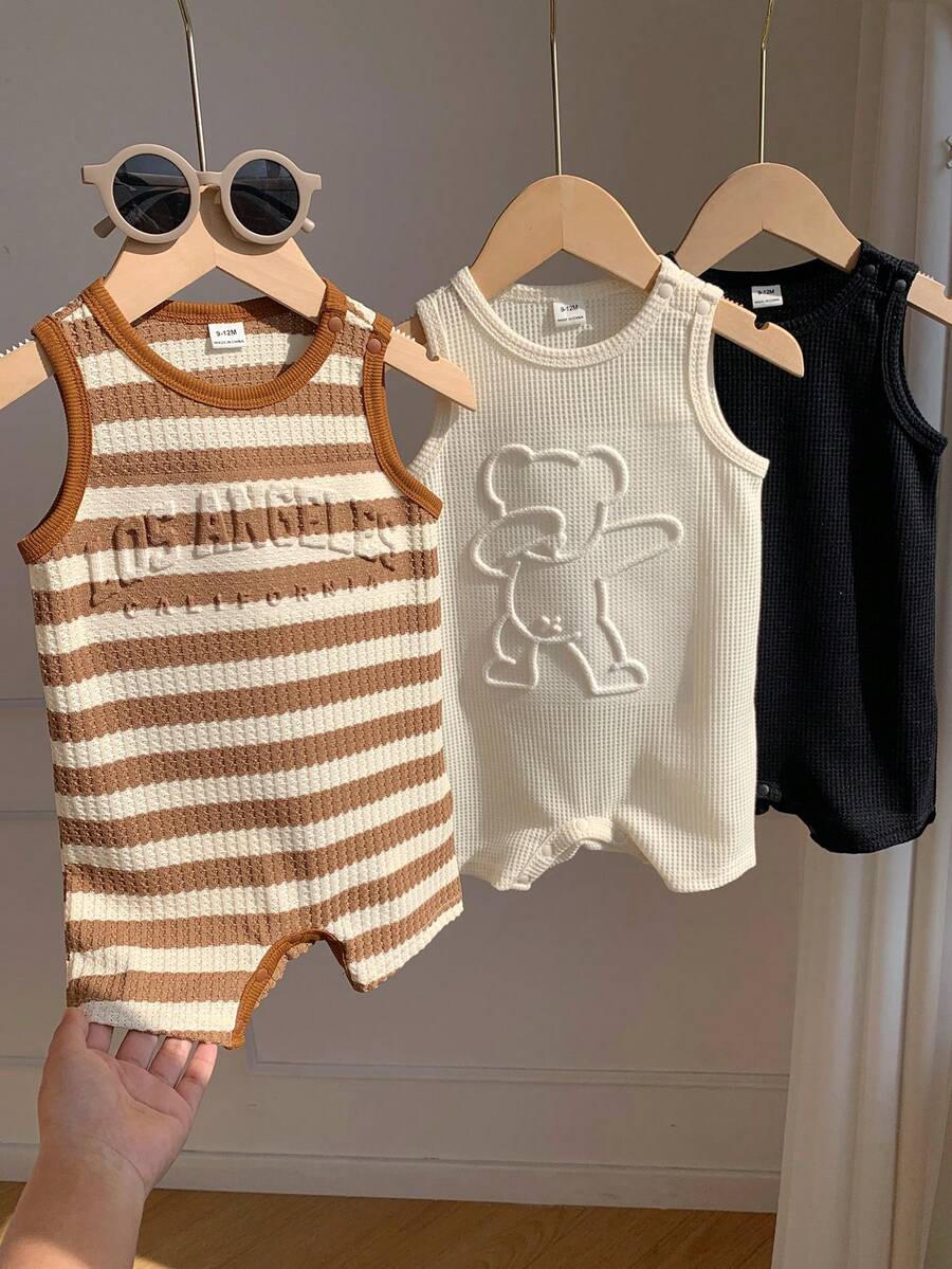 SHEIN Bộ đồ liền thân không tay và quần short unisex cho bé trai, họa tiết sọc dễ thương và chữ 3D in nổi, thích hợp mặc mùa xuân/hè. - Nhiều màu - Xem 1