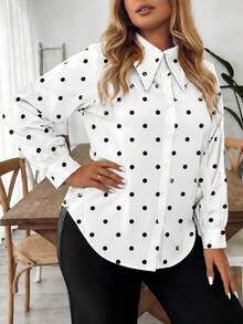 SHEIN LUNE Kemeja Lengan Panjang Kancing Depan Motif Polkadot Kasual Elegan Ukuran Besar untuk Sehari-hari Formal ke Kantor/Perjalanan Musim Gugur - Hitam dan Putih - View 3