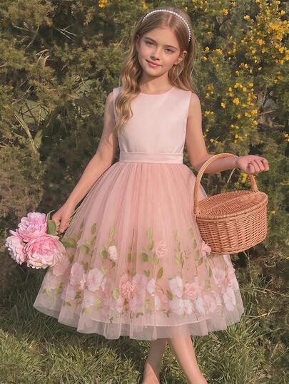 Vestido de flores de tul para niñas, vestido de princesa formal para dama de honor y niña de las flores con lazo, vestido de princesa para niños