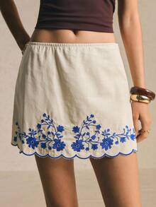 Poéselle 女款休閒波西米亞風花卉刺繡A字裙，100%純棉短褲，夏季海灘藍灰色 - 杏色 - 查看 5