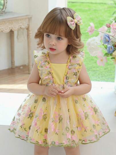 SHEIN Glamorique Kids Baby Girl Princess Dress, Heavily Embroidered Mesh Skirt, Ruffled Collar Fresh & Cute Party Dress, Suitable For Birthday, Wedding, Holiday