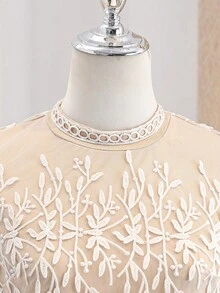 Teen Girls' Fashion Embroidered Mesh Flutter Sleeve Pleated Hem Dress,Summer Elegant Beige Lace Insert Puffy Long Party Dress For Graduation,Wedding - Apricot - View 7