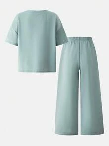SHEIN 2件組少女休閒綠色夏季標語印花落肩T恤與長褲，母女套裝運動休閒服 - 綠色 - 查看 4